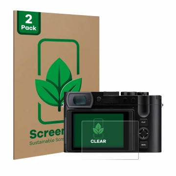 Vorderseite einer Produktverpackung mit dem Markenlogo ScreenLeaf. Daneben ist das Gerät Leica Q3 mit dem zugehörigen Displays