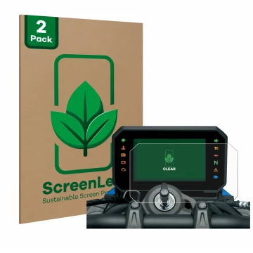 Vorderseite einer Produktverpackung mit dem Markenlogo ScreenLeaf. Daneben ist das Gerät Suzuki V-Strom 800DE 2023 mit dem zug