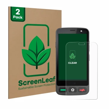 Vorderseite einer Produktverpackung mit dem Markenlogo ScreenLeaf. Daneben ist das Gerät Brondi Amico Pocket mit dem zugehörig