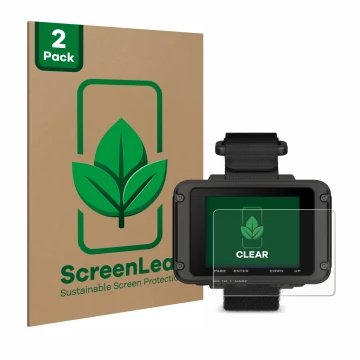 Vorderseite einer Produktverpackung mit dem Markenlogo ScreenLeaf. Daneben ist das Gerät Garmin Foretrex 801 mit dem zugehörig