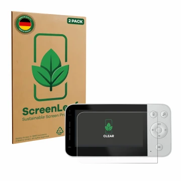 Vorderseite einer Produktverpackung mit dem Markenlogo ScreenLeaf. Daneben ist das Gerät Philips Avent Connected SCD923 mit de