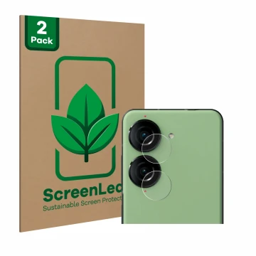 Vorderseite einer Produktverpackung mit dem Markenlogo ScreenLeaf. Daneben ist das Gerät ASUS ZenFone 10 (NUR Kameraschutz) mi