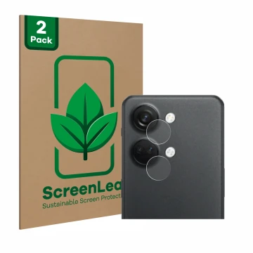 Vorderseite einer Produktverpackung mit dem Markenlogo ScreenLeaf. Daneben ist das Gerät OnePlus Nord 3 5G (NUR Kameraschutz) 