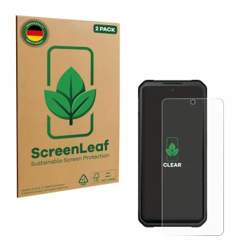 Vorderseite einer Produktverpackung mit dem Markenlogo ScreenLeaf. Daneben ist das Gerät iiiF150 Raptor mit dem zugehörigen Di