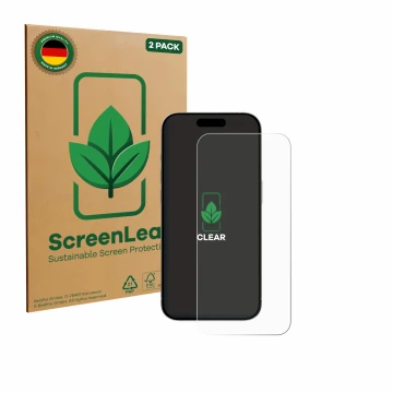 Vorderseite einer Produktverpackung mit dem Markenlogo ScreenLeaf. Daneben ist das Gerät Apple iPhone 15 mit dem zugehörigen D