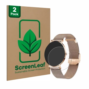 Vorderseite einer Produktverpackung mit dem Markenlogo ScreenLeaf. Daneben ist das Gerät Xcoast X-Watch Siona 2 mit dem zugehö
