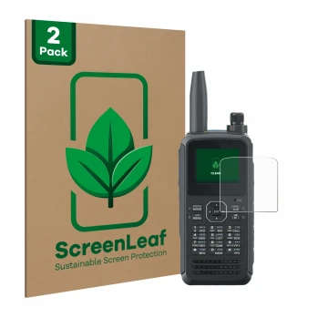 Vorderseite einer Produktverpackung mit dem Markenlogo ScreenLeaf. Daneben ist das Gerät Kenwood TH-D75E D-Star mit dem zugehö
