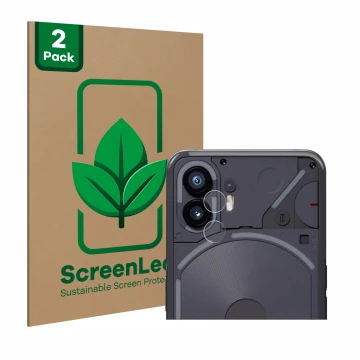 Vorderseite einer Produktverpackung mit dem Markenlogo ScreenLeaf. Daneben ist das Gerät Nothing Phone (2) (NUR Kameraschutz) 