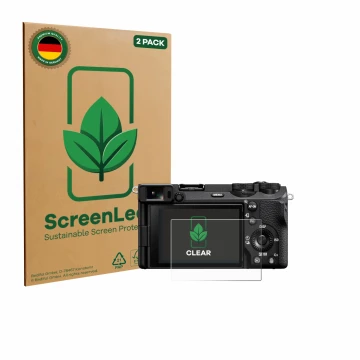 Vorderseite einer Produktverpackung mit dem Markenlogo ScreenLeaf. Daneben ist das Gerät Sony Alpha 6700 mit dem zugehörigen D