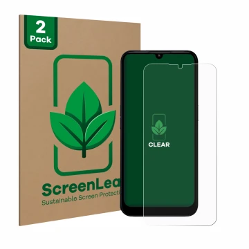 Vorderseite einer Produktverpackung mit dem Markenlogo ScreenLeaf. Daneben ist das Gerät Doro 8200 mit dem zugehörigen Display