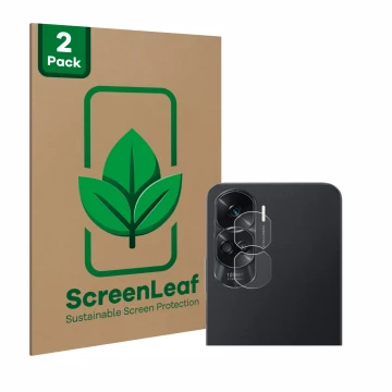 Vorderseite einer Produktverpackung mit dem Markenlogo ScreenLeaf. Daneben ist das Gerät Honor 90 Lite (NUR Kameraschutz) mit 