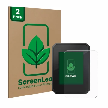 Vorderseite einer Produktverpackung mit dem Markenlogo ScreenLeaf. Daneben ist das Gerät FIT Display Compact mit dem zugehörig