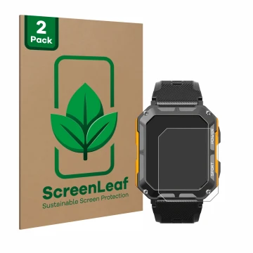 Vorderseite einer Produktverpackung mit dem Markenlogo ScreenLeaf. Daneben ist das Gerät Njord Gear The Indestructible Smartwa
