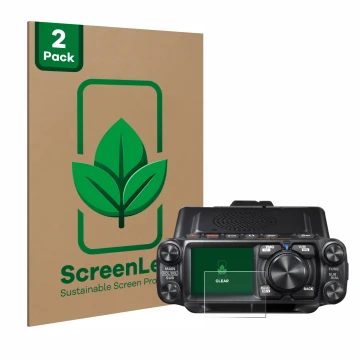 Vorderseite einer Produktverpackung mit dem Markenlogo ScreenLeaf. Daneben ist das Gerät Yaesu FTM-500DR mit dem zugehörigen D