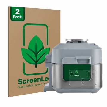 Vorderseite einer Produktverpackung mit dem Markenlogo ScreenLeaf. Daneben ist das Gerät Ninja Speedi Rapid Cooking System mit
