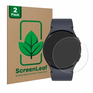 Vorderseite einer Produktverpackung mit dem Markenlogo ScreenLeaf. Daneben ist das Gerät Samsung Galaxy Watch 6 (40 mm) mit de