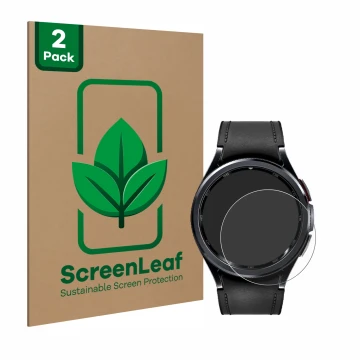 Vorderseite einer Produktverpackung mit dem Markenlogo ScreenLeaf. Daneben ist das Gerät Samsung Galaxy Watch 6 Classic (43 mm