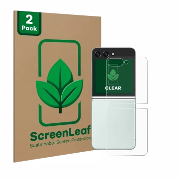 Vorderseite einer Produktverpackung mit dem Markenlogo ScreenLeaf. Daneben ist das Gerät Samsung Galaxy Z Flip 5 (Rückseite) m