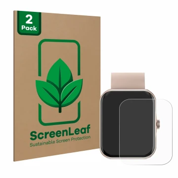 Vorderseite einer Produktverpackung mit dem Markenlogo ScreenLeaf. Daneben ist das Gerät Mutoy Smartwatch 1.83