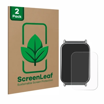 Vorderseite einer Produktverpackung mit dem Markenlogo ScreenLeaf. Daneben ist das Gerät Xiaomi Mi Band 8 Pro mit dem zugehöri
