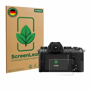 Vorderseite einer Produktverpackung mit dem Markenlogo ScreenLeaf. Daneben ist das Gerät Fujifilm X-S20 mit dem zugehörigen Di
