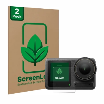 Vorderseite einer Produktverpackung mit dem Markenlogo ScreenLeaf. Daneben ist das Gerät DJI Osmo Action 4 (Vorderes Display) 