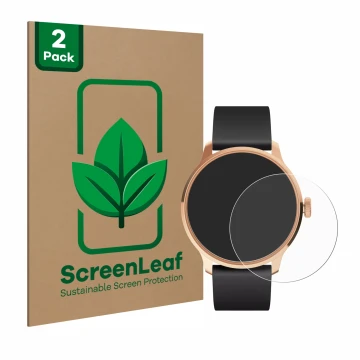 Vorderseite einer Produktverpackung mit dem Markenlogo ScreenLeaf. Daneben ist das Gerät Withings ScanWatch Light mit dem zuge