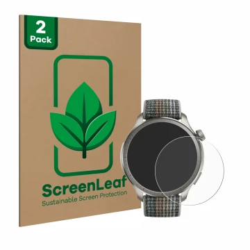 Vorderseite einer Produktverpackung mit dem Markenlogo ScreenLeaf. Daneben ist das Gerät Huami Amazfit Balance mit dem zugehör
