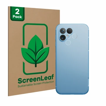 Vorderseite einer Produktverpackung mit dem Markenlogo ScreenLeaf. Daneben ist das Gerät Fairphone 5 (NUR Kameraschutz) mit de