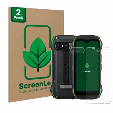 Vorderseite einer Produktverpackung mit dem Markenlogo ScreenLeaf. Daneben ist das Gerät Blackview N6000 (Display+Kamera) mit 