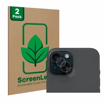 Vorderseite einer Produktverpackung mit dem Markenlogo ScreenLeaf. Daneben ist das Gerät Apple iPhone 15 (NUR Kameraschutz) mi