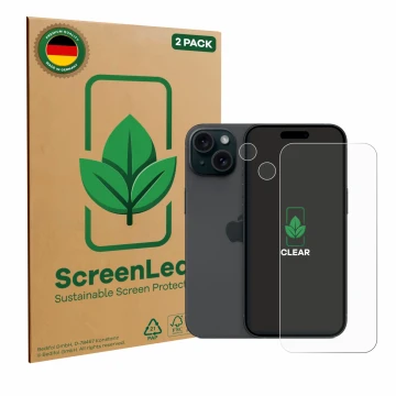 Vorderseite einer Produktverpackung mit dem Markenlogo ScreenLeaf. Daneben ist das Gerät Apple iPhone 15 (Display+Kamera) mit 