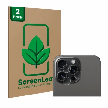 Vorderseite einer Produktverpackung mit dem Markenlogo ScreenLeaf. Daneben ist das Gerät Apple iPhone 15 Pro Max (NUR Kamerasc