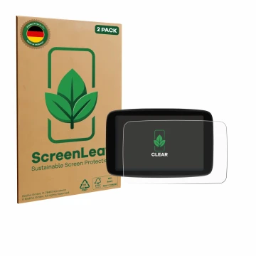 Vorderseite einer Produktverpackung mit dem Markenlogo ScreenLeaf. Daneben ist das Gerät TomTom GO Superior 7