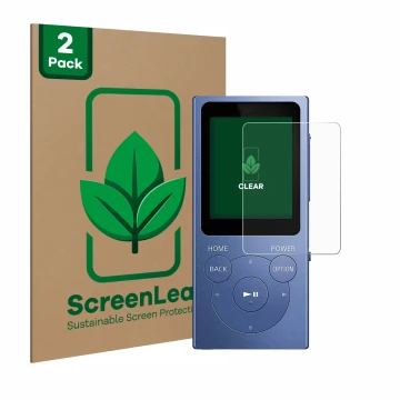 Vorderseite einer Produktverpackung mit dem Markenlogo ScreenLeaf. Daneben ist das Gerät Sony Walkman NW-E394 mit dem zugehöri