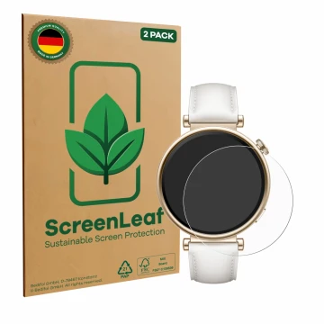 Vorderseite einer Produktverpackung mit dem Markenlogo ScreenLeaf. Daneben ist das Gerät Huawei Watch GT 4 (41mm) mit dem zuge