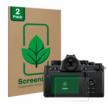 Vorderseite einer Produktverpackung mit dem Markenlogo ScreenLeaf. Daneben ist das Gerät Nikon Z F mit dem zugehörigen Display