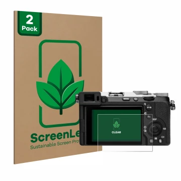 Vorderseite einer Produktverpackung mit dem Markenlogo ScreenLeaf. Daneben ist das Gerät Sony Alpha 7C II (ILCE-7CM2) mit dem 