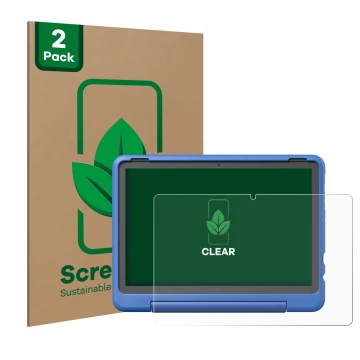 Vorderseite einer Produktverpackung mit dem Markenlogo ScreenLeaf. Daneben ist das Gerät Amazon Fire HD 10 Kids Pro 2023 mit d