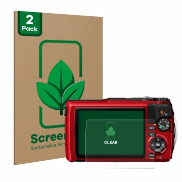Vorderseite einer Produktverpackung mit dem Markenlogo ScreenLeaf. Daneben ist das Gerät Olympus OM System Tough TG-7 mit dem 