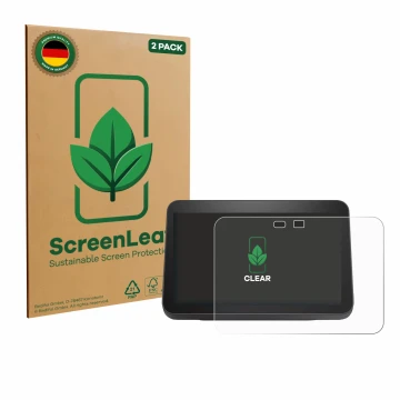 Vorderseite einer Produktverpackung mit dem Markenlogo ScreenLeaf. Daneben ist das Gerät Amazon Echo Show 8 2023 (3. Gen.) mit