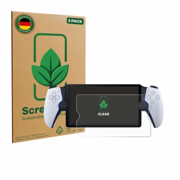 Vorderseite einer Produktverpackung mit dem Markenlogo ScreenLeaf. Daneben ist das Gerät Sony Playstation Portal mit dem zugeh