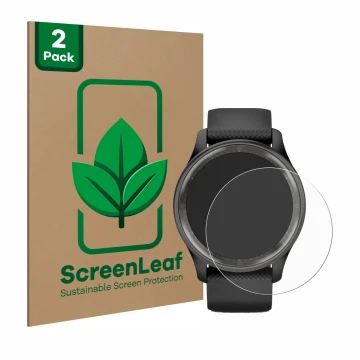Vorderseite einer Produktverpackung mit dem Markenlogo ScreenLeaf. Daneben ist das Gerät Garmin Vivomove Trend mit dem zugehör
