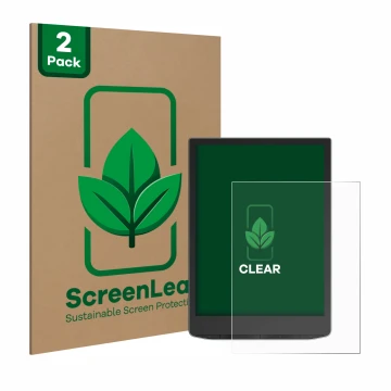 Vorderseite einer Produktverpackung mit dem Markenlogo ScreenLeaf. Daneben ist das Gerät PocketBook InkPad Color 3 mit dem zug