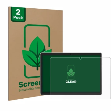 Vorderseite einer Produktverpackung mit dem Markenlogo ScreenLeaf. Daneben ist das Gerät Facetel Q6 mit dem zugehörigen Displa