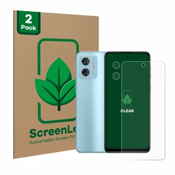 Vorderseite einer Produktverpackung mit dem Markenlogo ScreenLeaf. Daneben ist das Gerät Motorola Moto G54 (Display+Kamera) mi