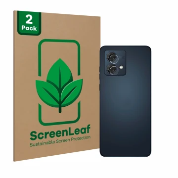 Vorderseite einer Produktverpackung mit dem Markenlogo ScreenLeaf. Daneben ist das Gerät Motorola Moto G84 (NUR Kameraschutz) 