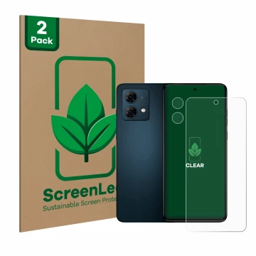 Vorderseite einer Produktverpackung mit dem Markenlogo ScreenLeaf. Daneben ist das Gerät Motorola Moto G84 (Display+Kamera) mi