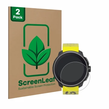 Vorderseite einer Produktverpackung mit dem Markenlogo ScreenLeaf. Daneben ist das Gerät Suunto Race mit dem zugehörigen Displ