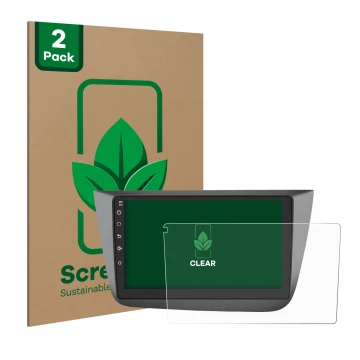 Vorderseite einer Produktverpackung mit dem Markenlogo ScreenLeaf. Daneben ist das Gerät Topway Android CarPlay (9
